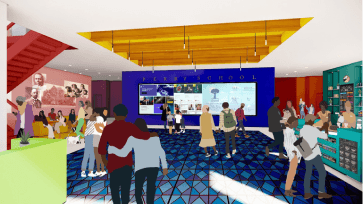 Rendering of a colorful M Street Center interior gathering space
